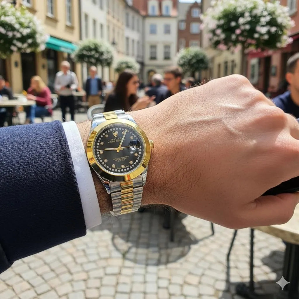 Classic Two-Tone Men's Dress Watch – Black Dial with Diamond-Style Markers & Date