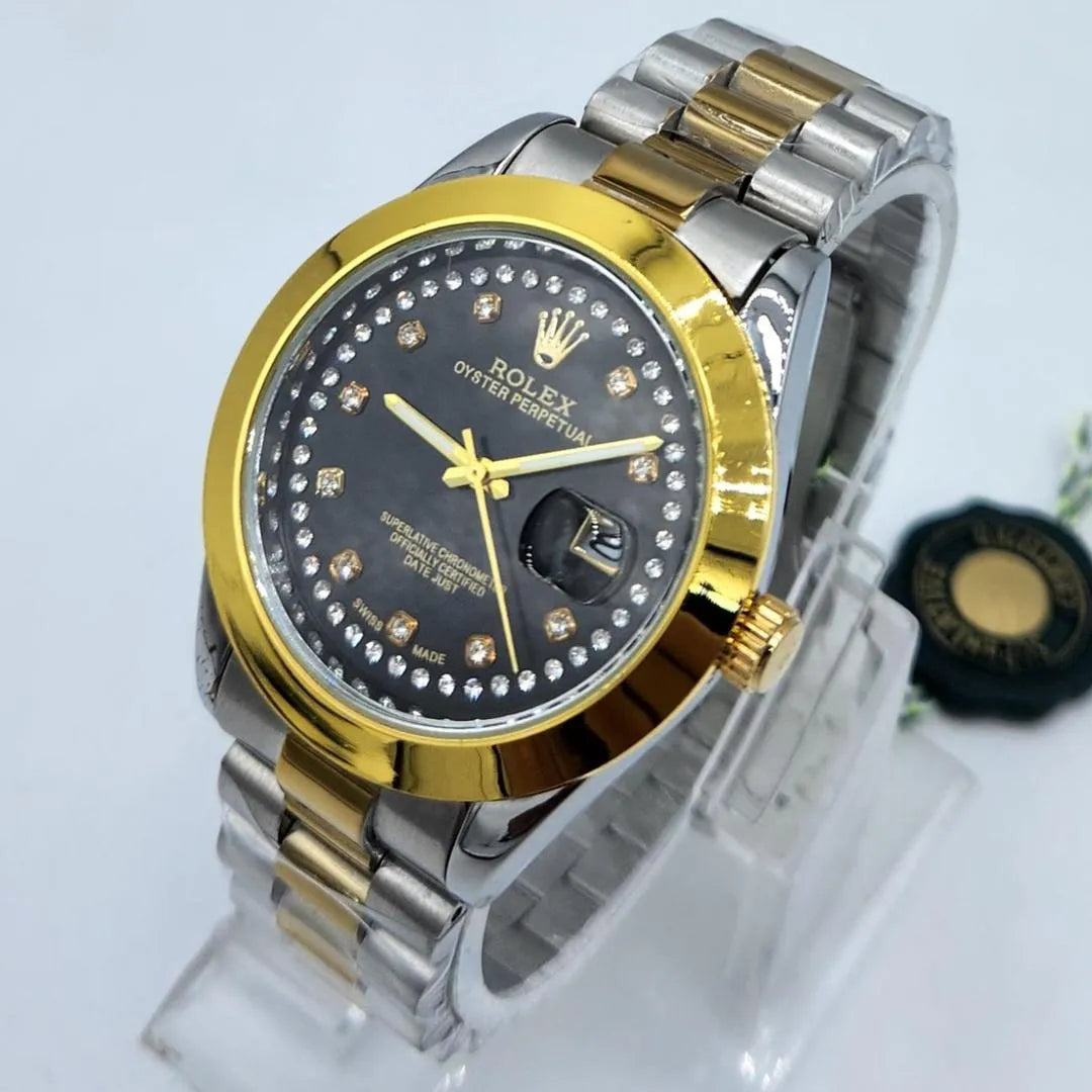 Classic Two-Tone Men's Dress Watch – Black Dial with Diamond-Style Markers & Date