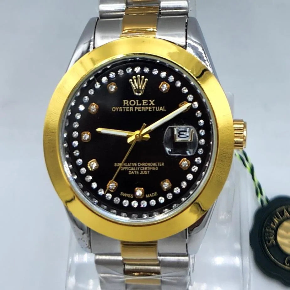 Classic Two-Tone Men's Dress Watch – Black Dial with Diamond-Style Markers & Date